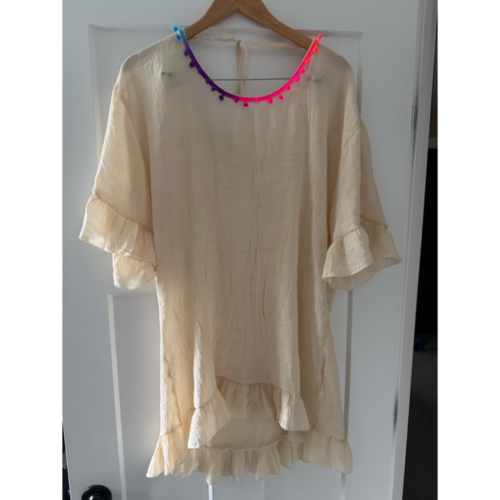 Amazon Ruffle Pom Colorful Flowy Boho Swim Cover Up | L